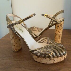 Prada Metallic Bronze Gold Ankle Strap Cork Platform Block Heel Sandal 38.5 8.5